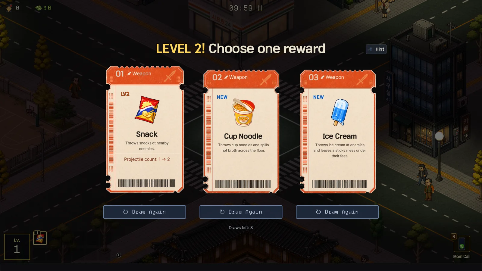Level up card selection with three weapon choices